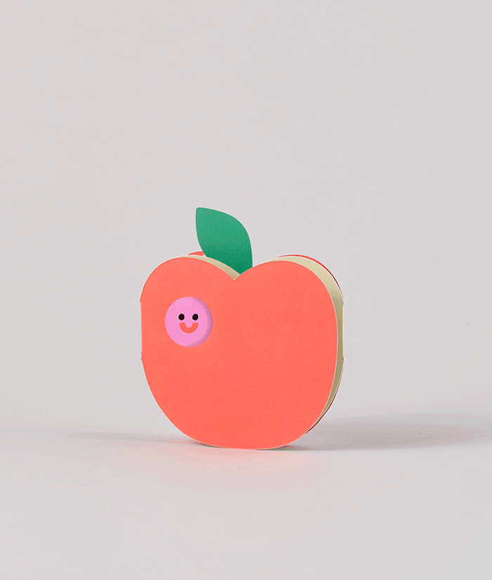gif of fold out card, showing red apple and pink work with green inside saying happy birthday