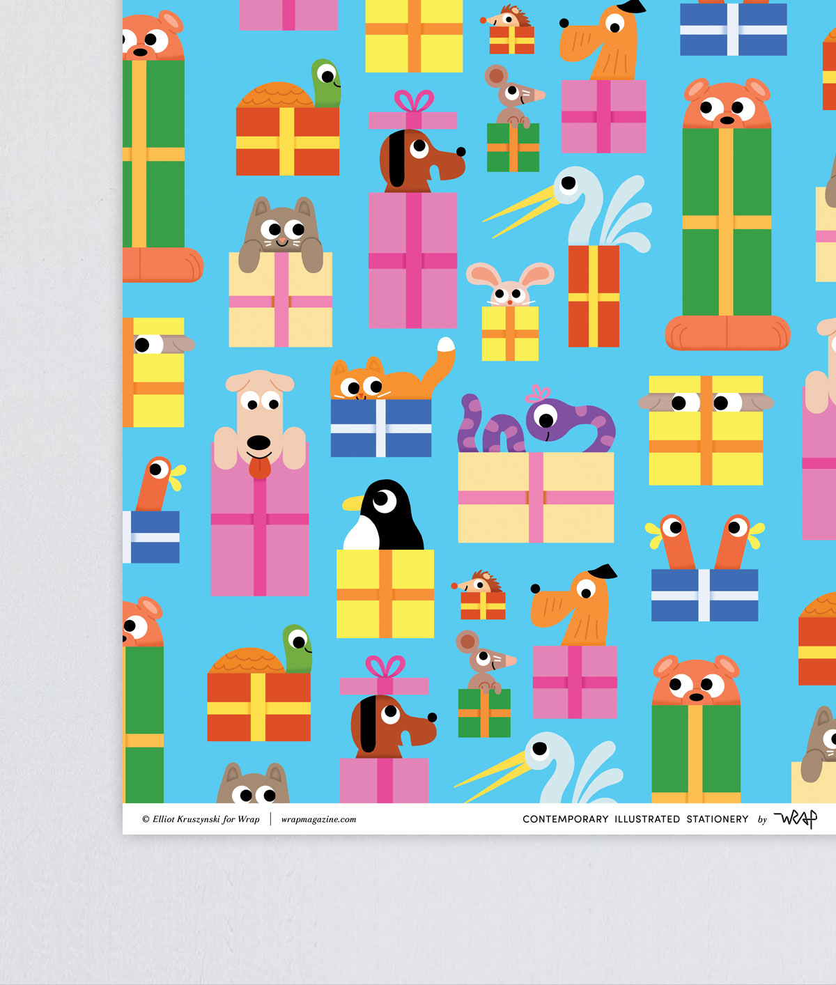 corner view of a wrapping paper of fun cartoon animals peeping out of presents on a blue background