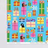 corner view of a wrapping paper of fun cartoon animals peeping out of presents on a blue background