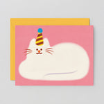 pink greetings card showing an illustration of a fluffy white cat lying down wearing a party hat
