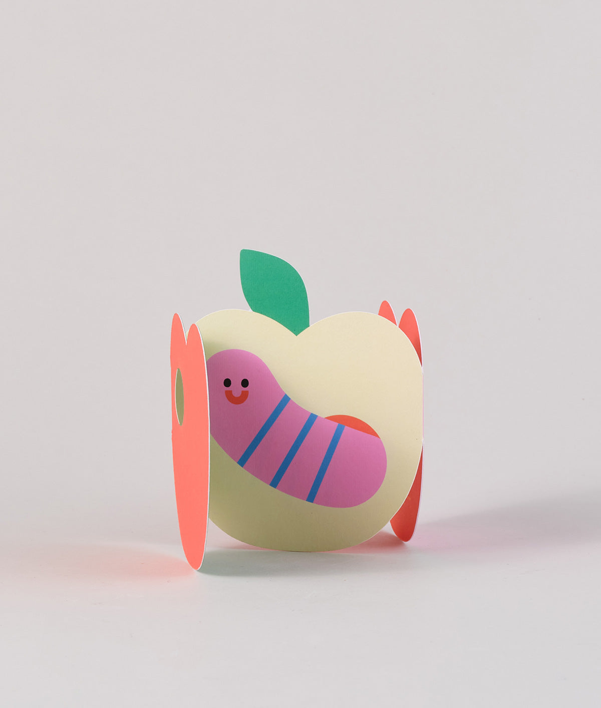 open detail of apple fold out card showing worm insode