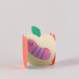 open detail of apple fold out card showing worm insode
