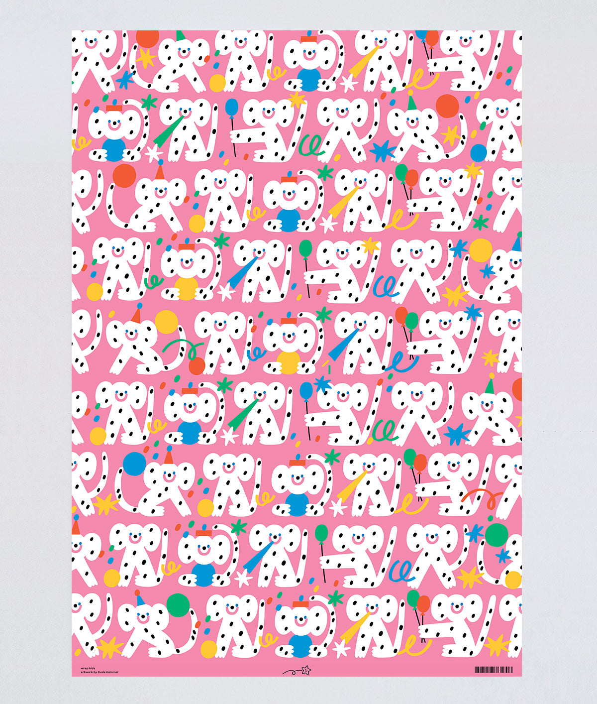 full view of polka dot monkeys celebrating with hats and streamers cover this pink celebration birthday wrapping paper