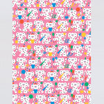 full view of polka dot monkeys celebrating with hats and streamers cover this pink celebration birthday wrapping paper