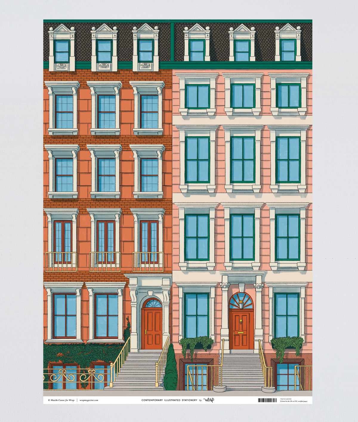 full view of flat sheet of wrapping paper two 5 storey town house apartment blocks with walk up stairs architectural details