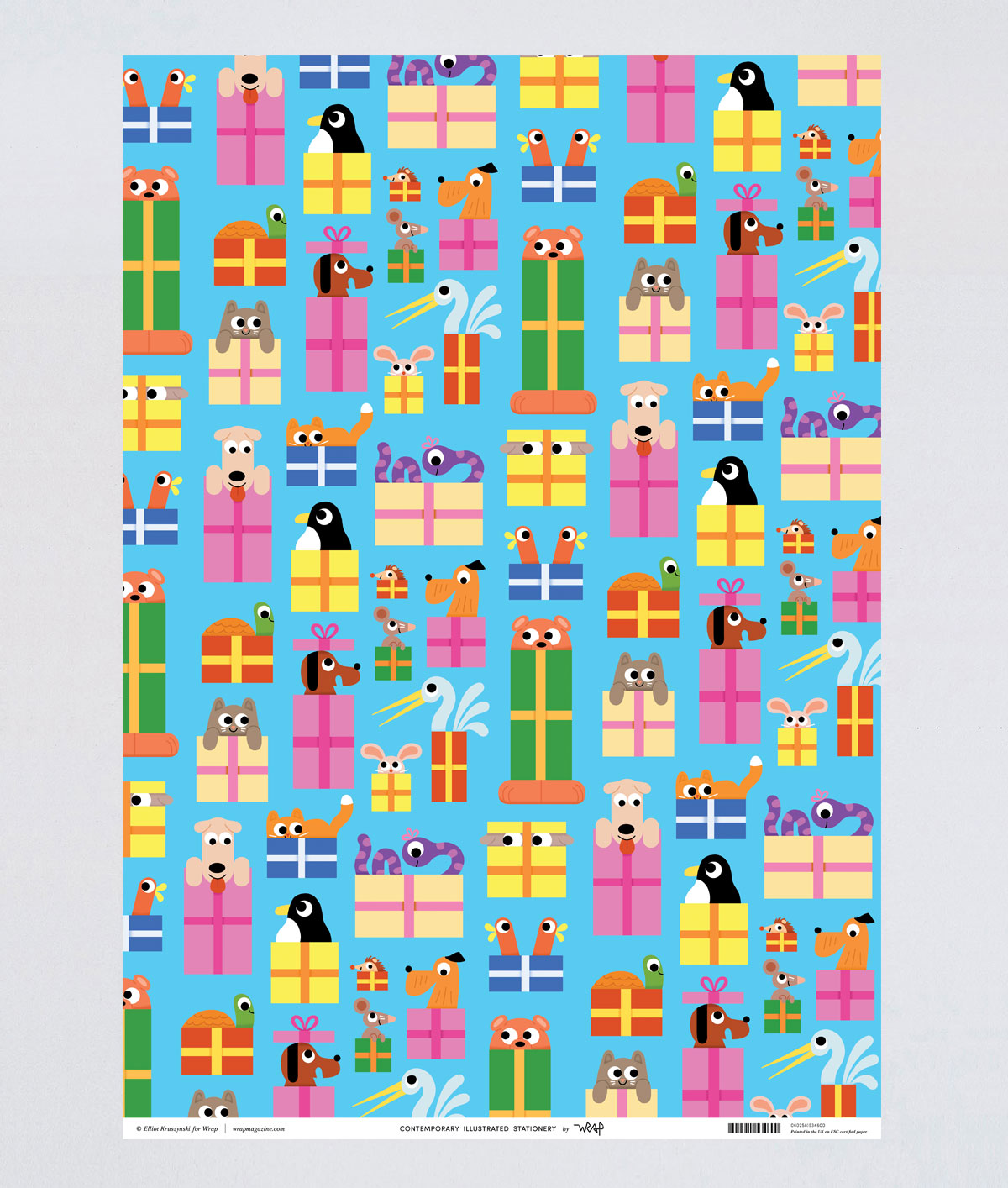 full view of a wrapping paper of fun cartoon animals peeping out of presents on a blue background