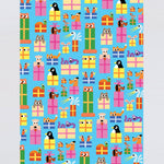 full view of a wrapping paper of fun cartoon animals peeping out of presents on a blue background