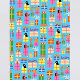 full view of a wrapping paper of fun cartoon animals peeping out of presents on a blue background