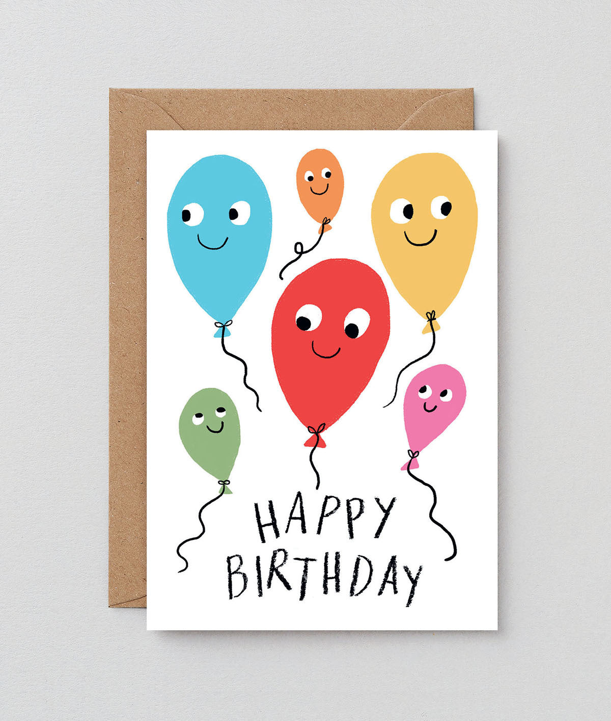 different colour smiling balloons say happy birthday on this fun birthday card