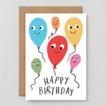 different colour smiling balloons say happy birthday on this fun birthday card