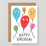 different colour smiling balloons say happy birthday on this fun birthday card