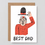 A card which says Best Dad and shows a baby on top of a man's head asleep under his hat