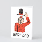 A card which says Best Dad and shows a baby on top of a man's head asleep under his hat