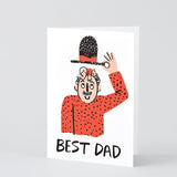 A card which says Best Dad and shows a baby on top of a man's head asleep under his hat