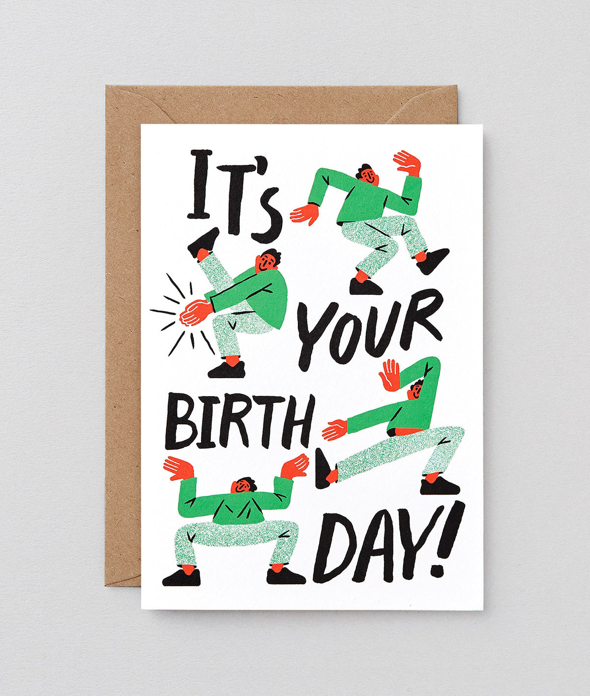 birthday card showing all the birthday dance moves with It's Your Birthday in black lettering
