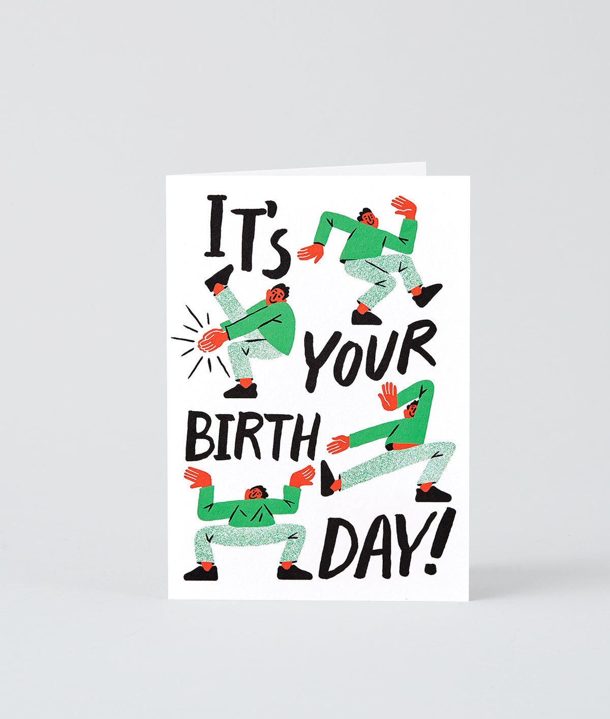 birthday card showing all the birthday dance moves with It's Your Birthday in black lettering