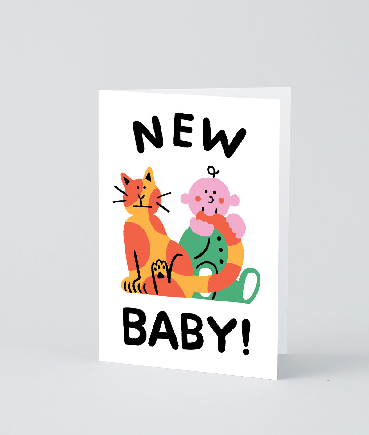 illustrated new baby card with ginger cat and baby on white background with NEW BABY! in black writing