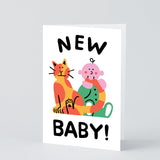 illustrated new baby card with ginger cat and baby on white background with NEW BABY! in black writing