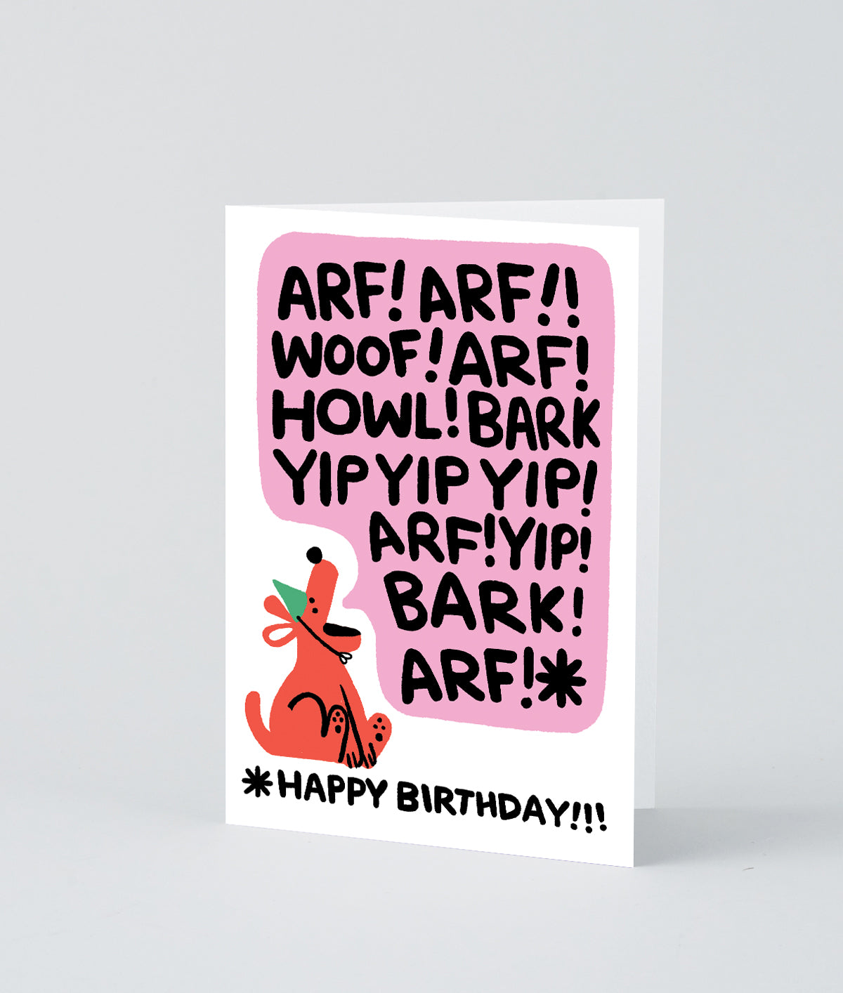 image of birthday card shows an illustrated dog with a large speech bubble filled with barking words and it says happy birthday at the bottom