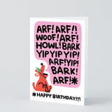 image of birthday card shows an illustrated dog with a large speech bubble filled with barking words and it says happy birthday at the bottom
