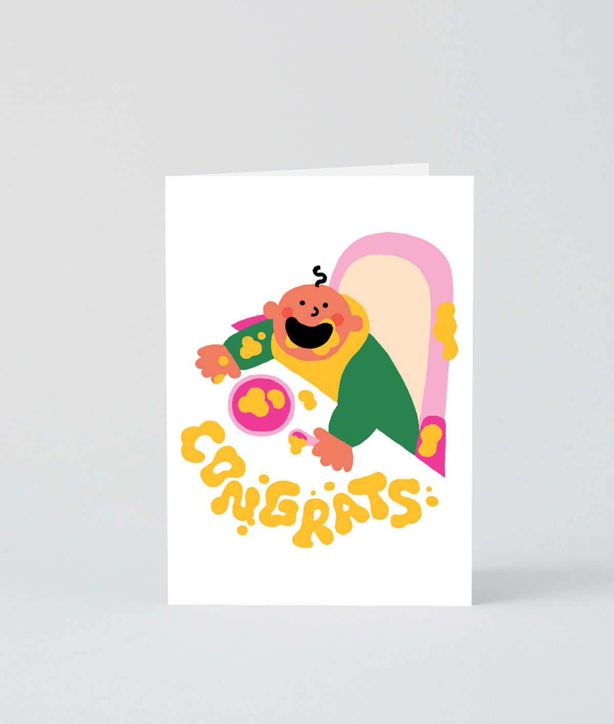 new baby card with baby covered in food