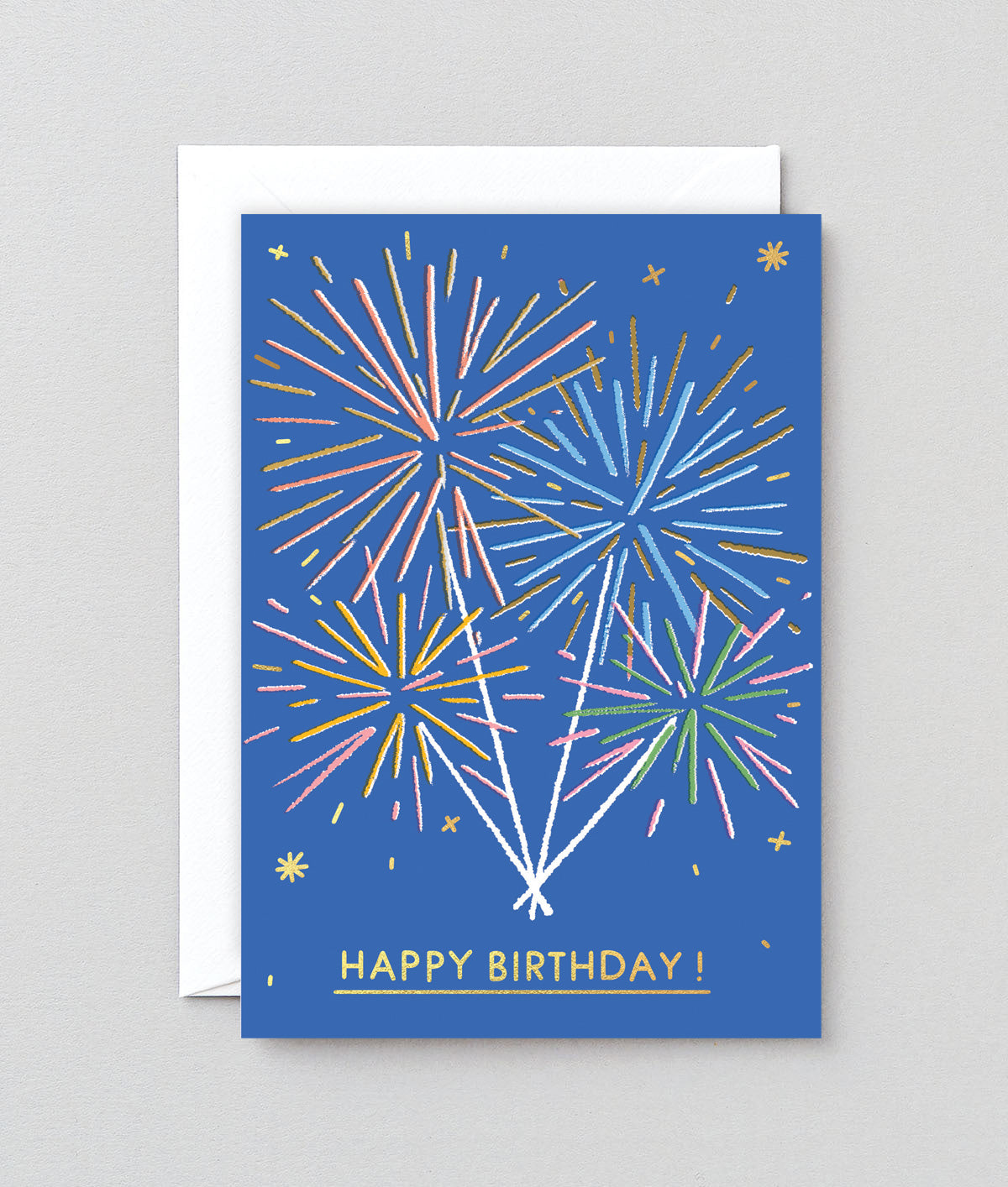 blue birthday card with sparkly fireworks and a gold happy birthday at the bottom
