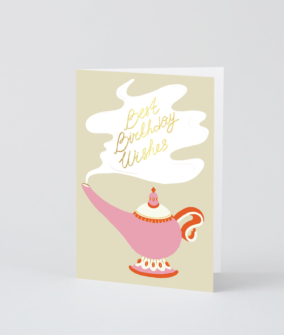 a pink genies lamp with a cloud of smoke coming out it, in which it says best birthday wishes in gold