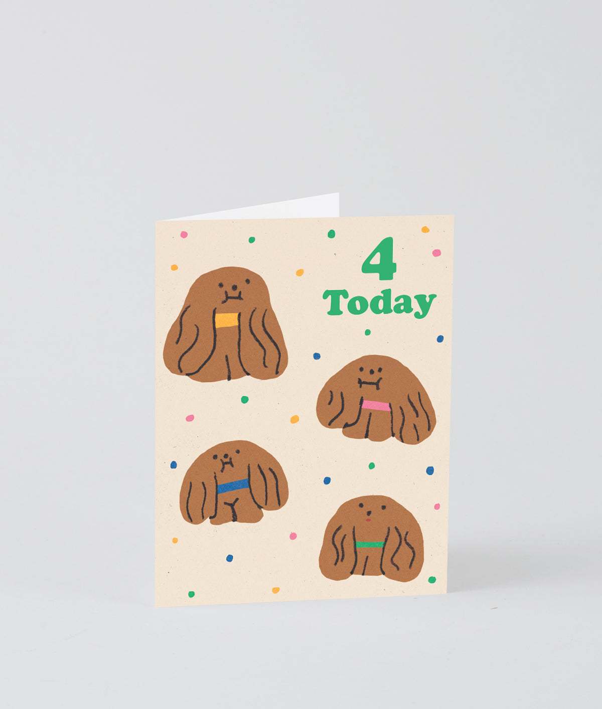 4th kids birthday card with 4 dogs and multi coloured dots