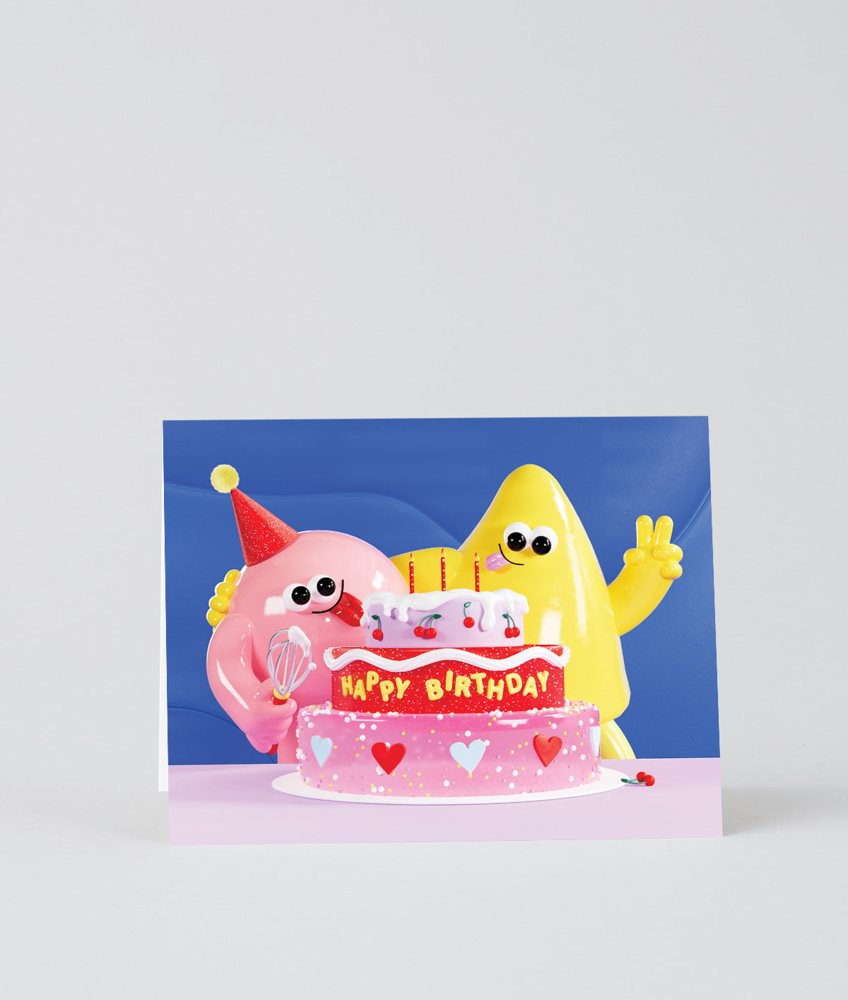 two blob like figures celebrate a birthday with a big cake on a fun birthday card
