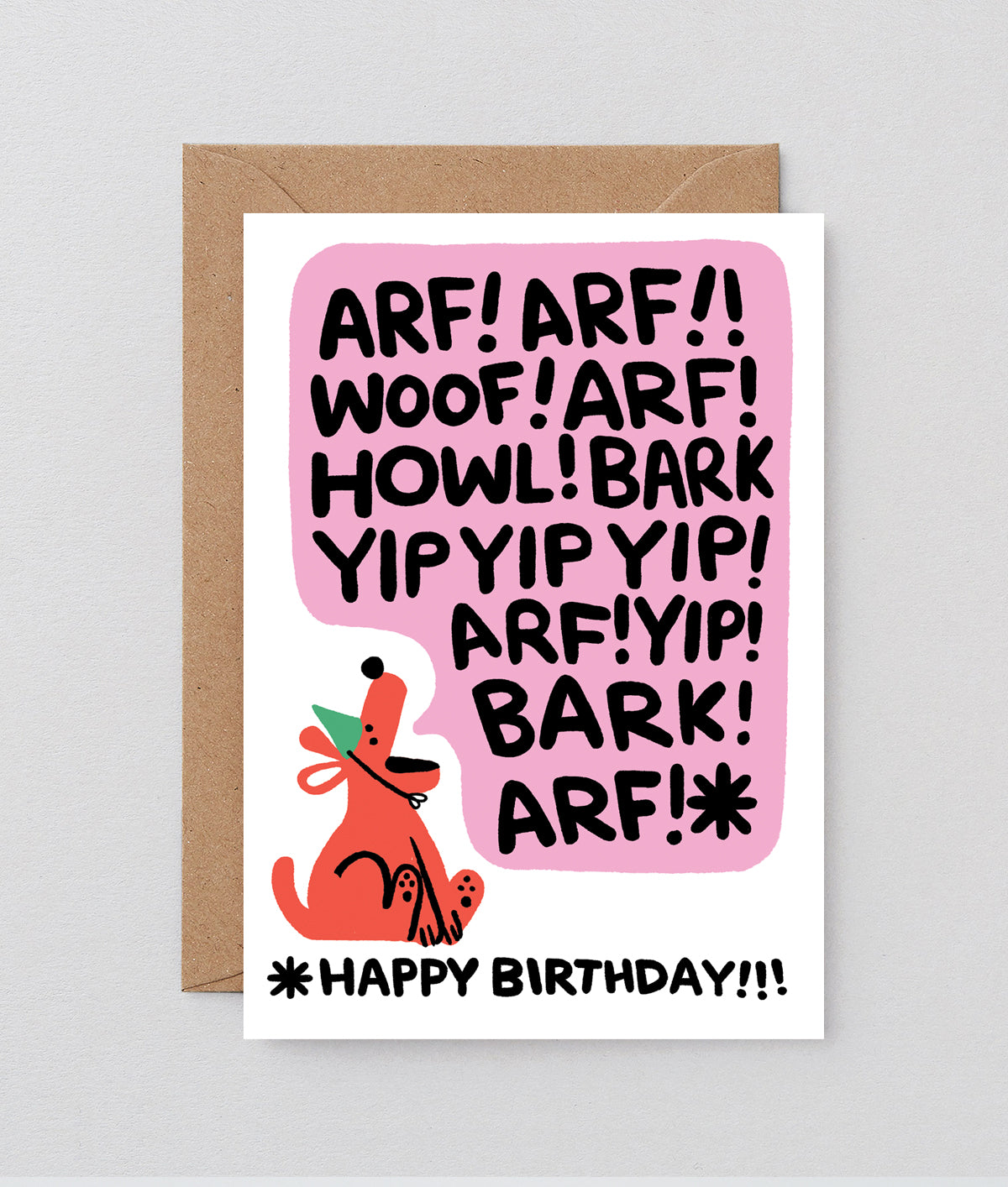 image of birthday card shows an illustrated dog with a large speech bubble filled with barking words and it says happy birthday at the bottom
