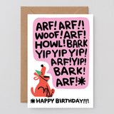 image of birthday card shows an illustrated dog with a large speech bubble filled with barking words and it says happy birthday at the bottom