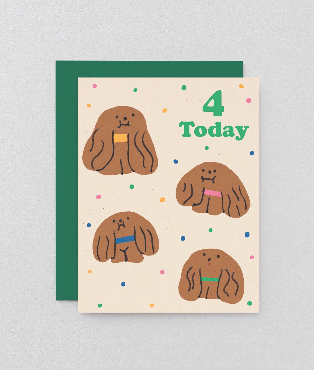 4th kids birthday card with 4 dogs and multi coloured dots