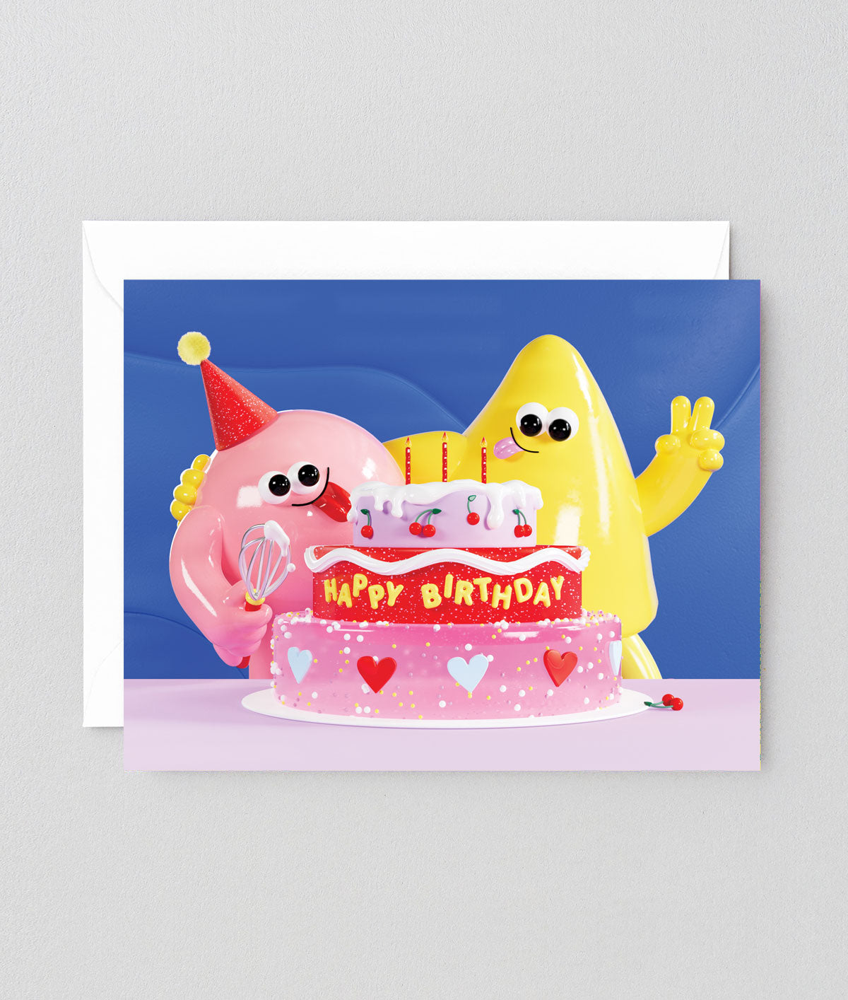 two blob like figures celebrate a birthday with a big cake on a fun birthday card