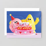 two blob like figures celebrate a birthday with a big cake on a fun birthday card