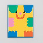 folded up yellow die cut bear kids birthday card with green and blue arms, and red and pink feet