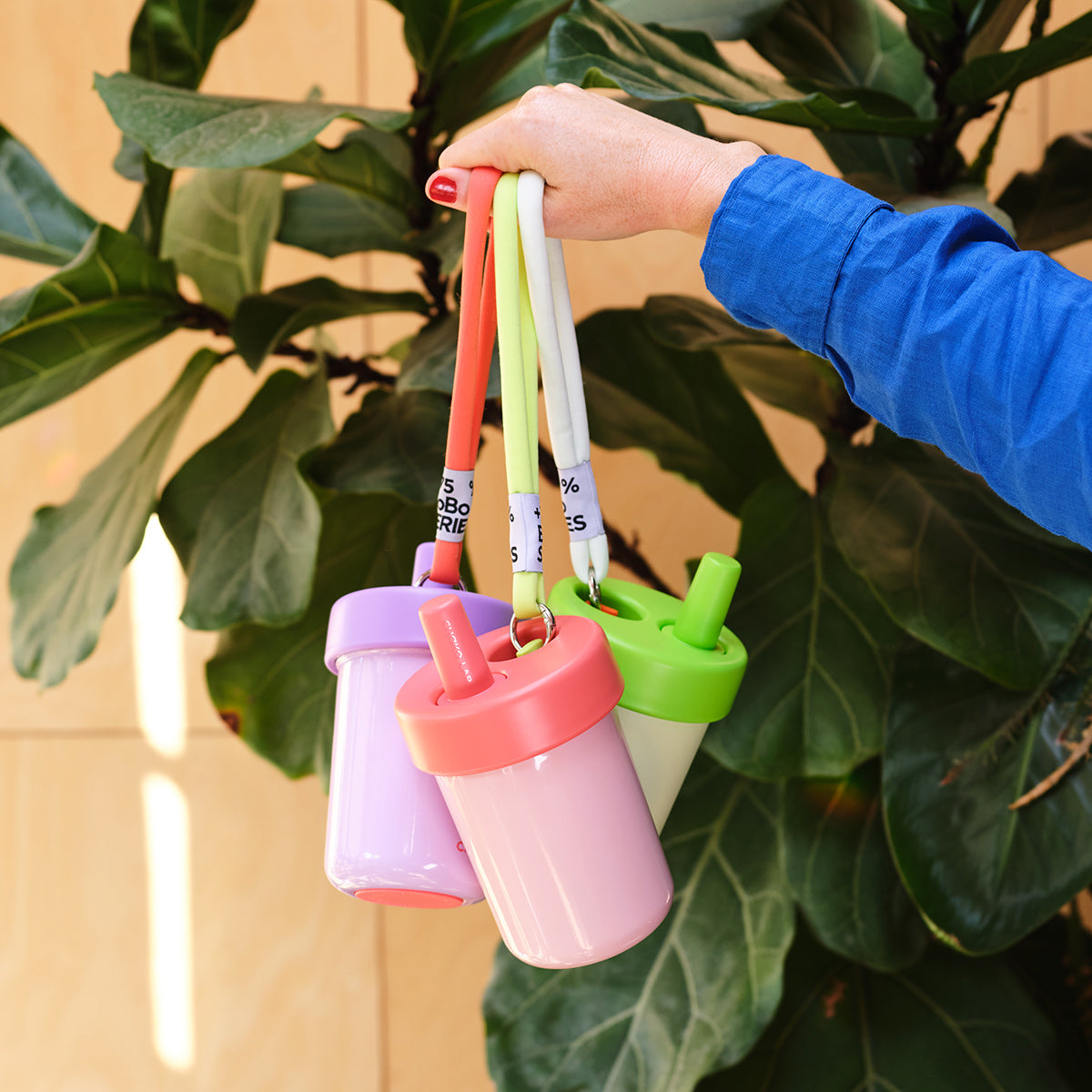 a hand holds 3 colourful chako lab drinking bottles against a backdrop of green plants