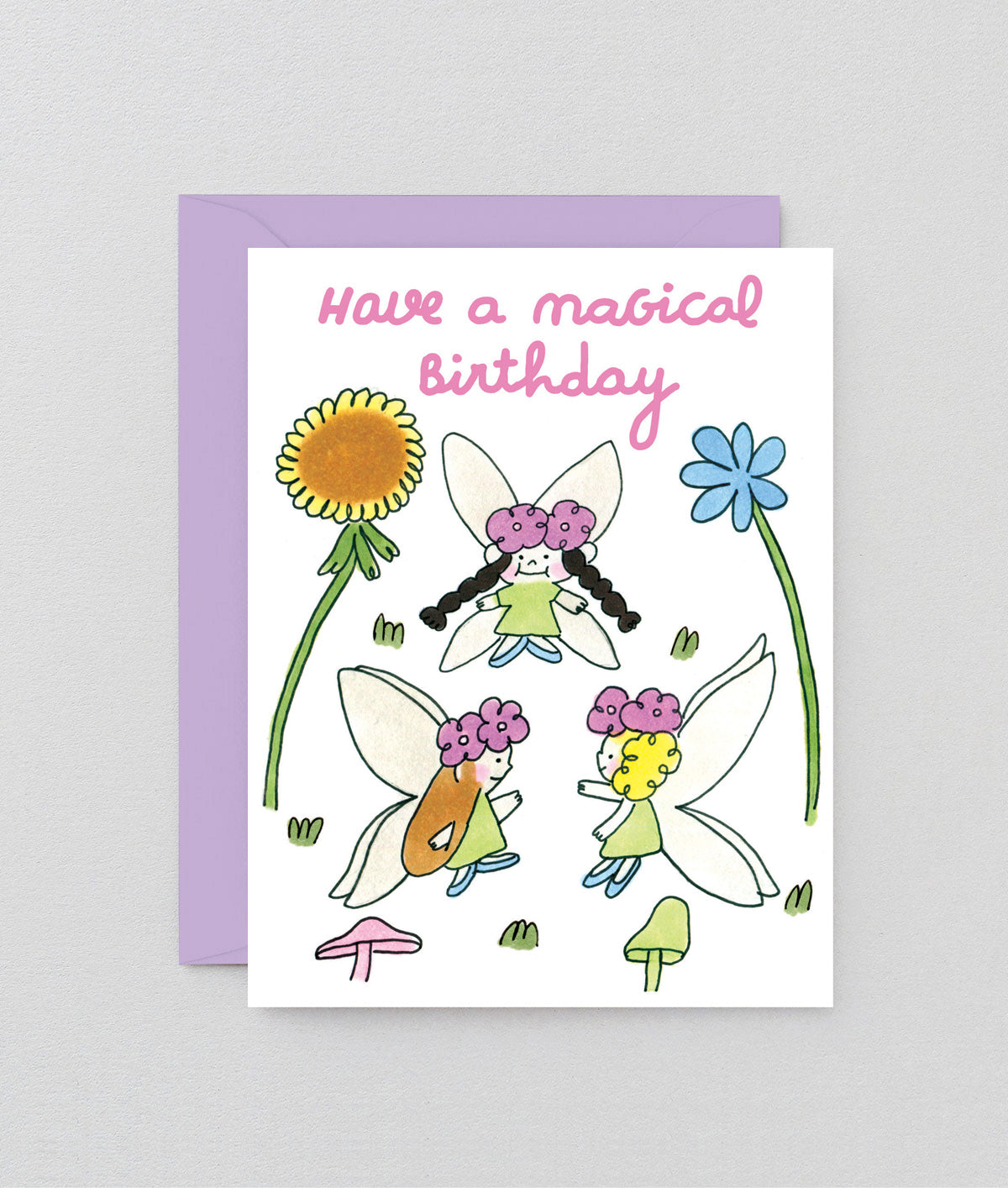 Greeting card with fairies and flowers on a white background