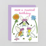 Greeting card with fairies and flowers on a white background