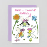 Greeting card with fairies and flowers on a white background