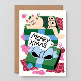 Merry Xmas Cat In A Present Christmas Card