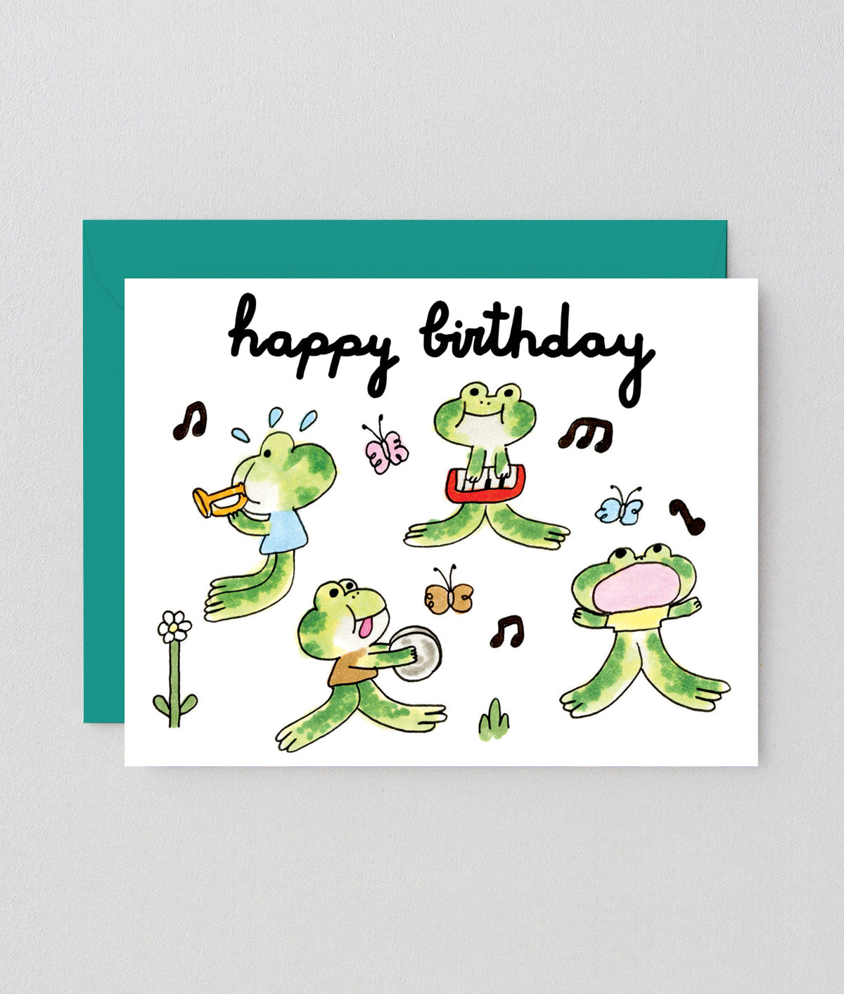Birthday card with cartoon frogs playing instruments on a gray background