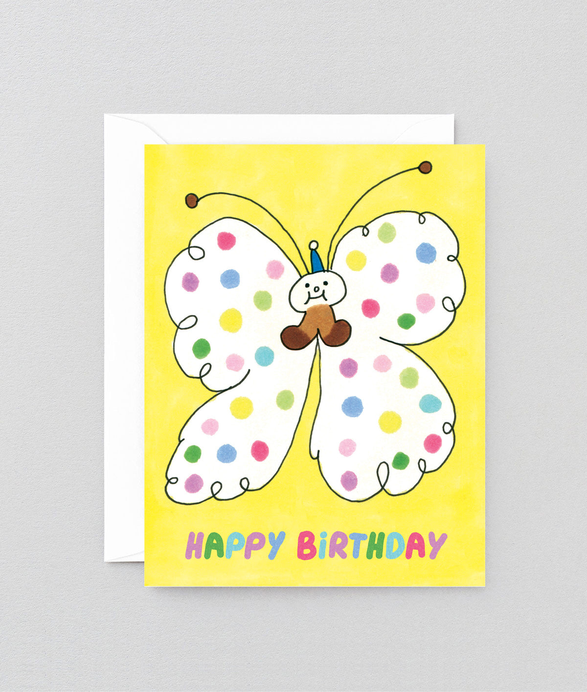 Birthday card with a colorful butterfly design on a yellow background