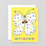 Birthday card with a colorful butterfly design on a yellow background