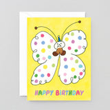 Birthday card with a colorful butterfly design on a yellow background