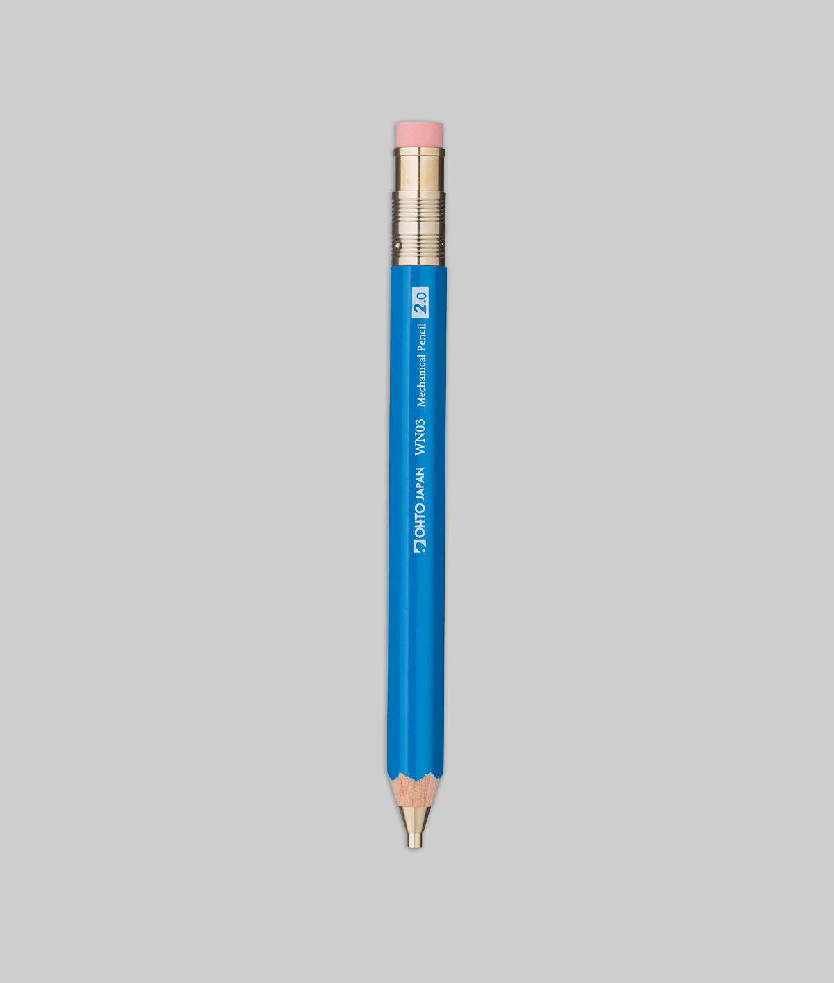Blue pencil with a pink eraser on a gray background