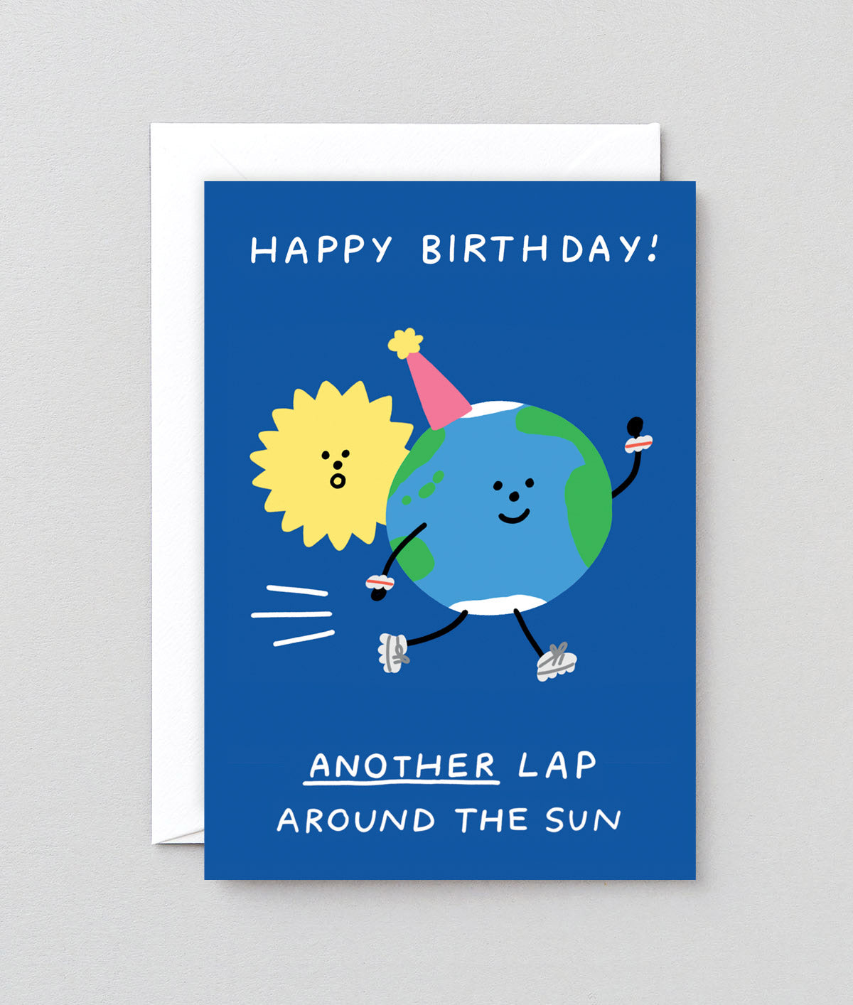 the earth is racing around the sun on a blue background on this birthday card