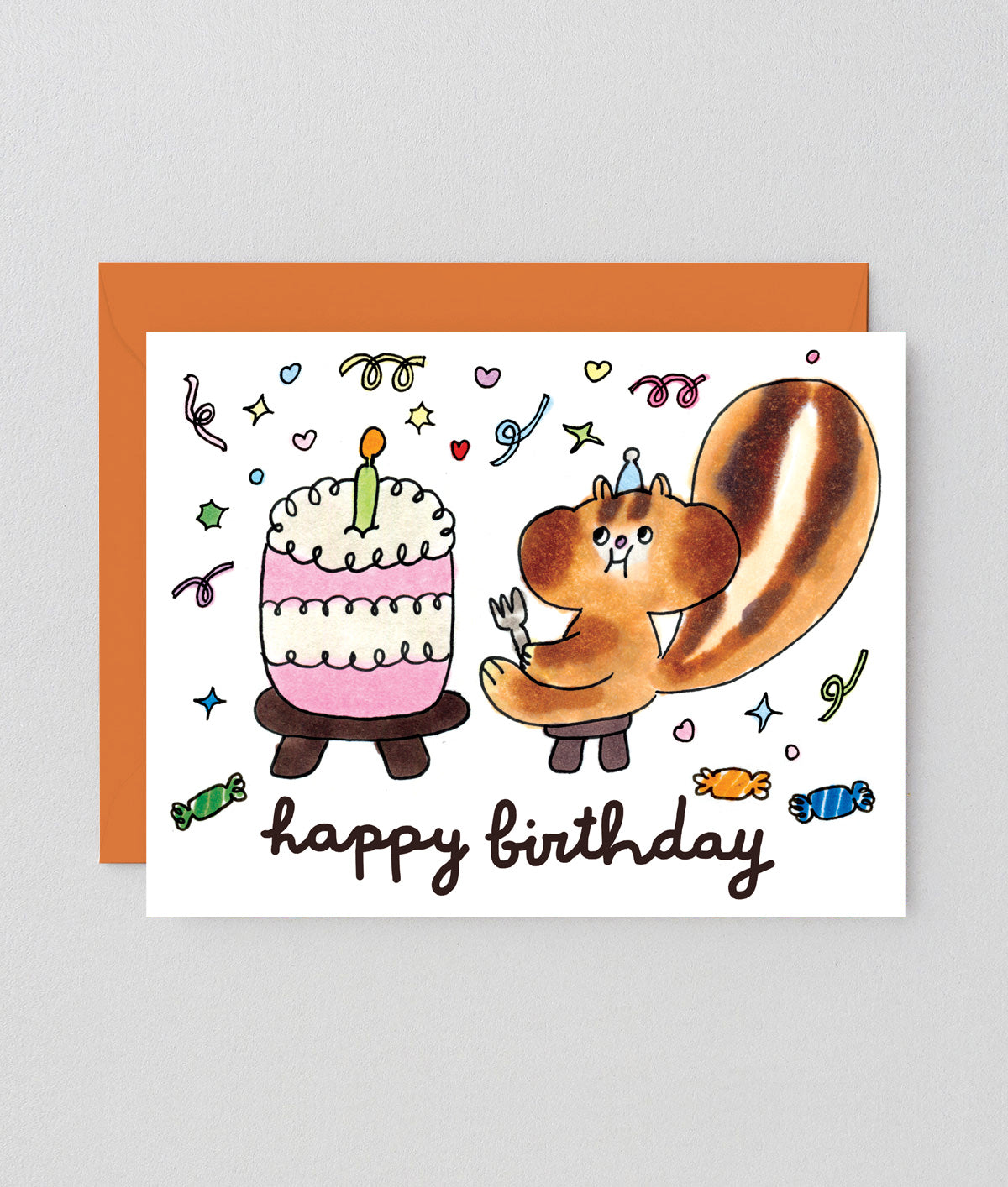 Birthday card with a cartoon squirrel and cake illustration on a gray background