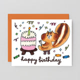 Birthday card with a cartoon squirrel and cake illustration on a gray background