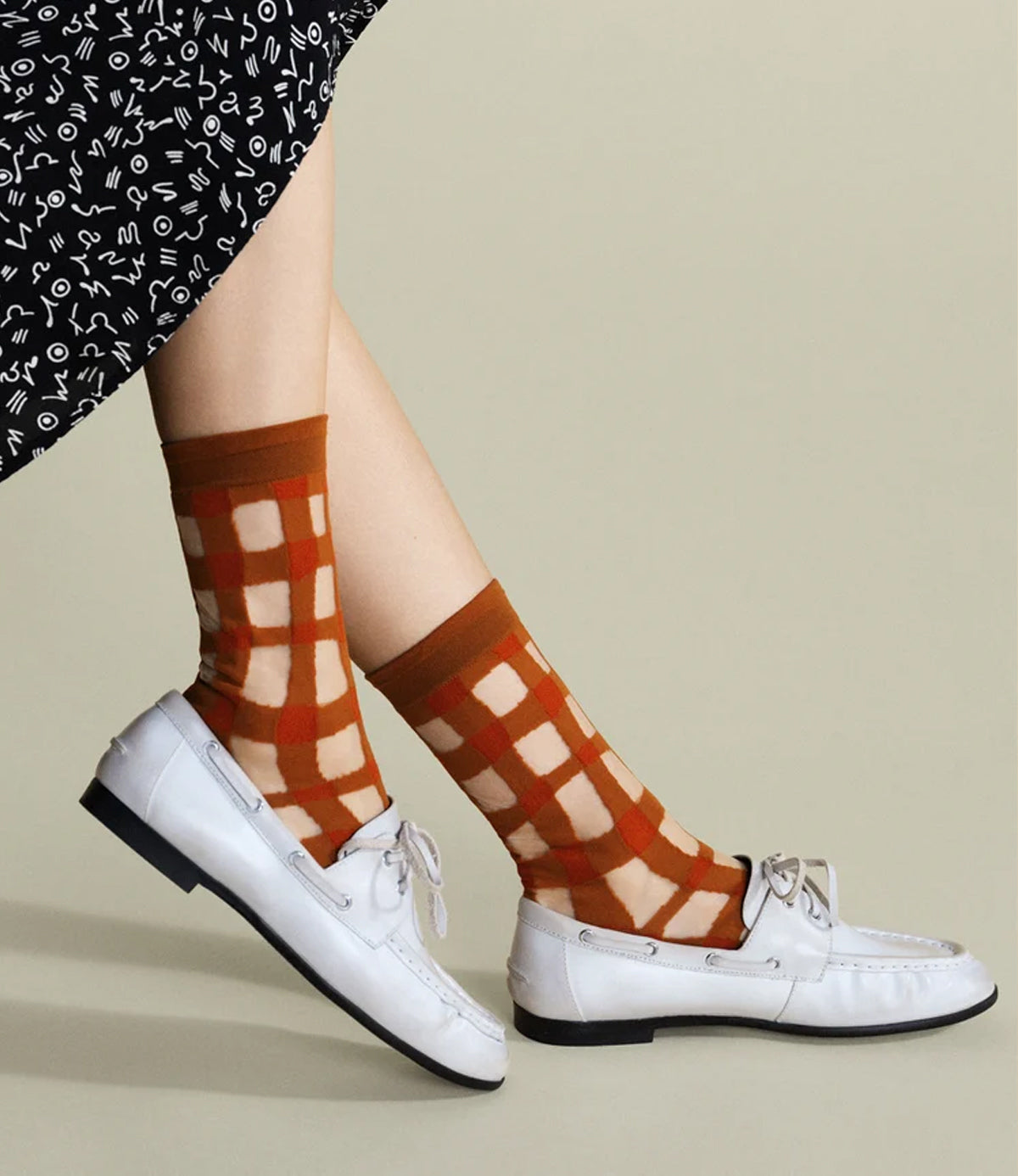 Hansel from Basel Googly Gingham Sheer Crew Socks - Ochre