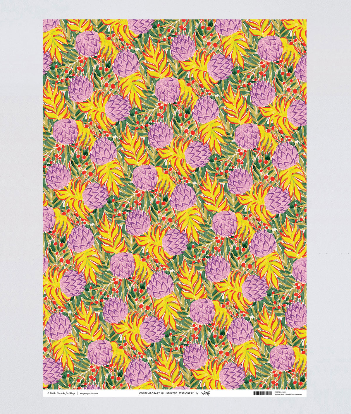full sheet view of purple and yellow artichoke wrapping paper